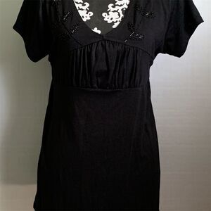 Women's Black Shirt,‎ Top Size 2X V-Neck Beaded Decpratove Tie-Back
